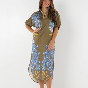 Emily McCarthy silk blend bluebonnet Caftan poppy Midi Dress with Blue Olive NWT